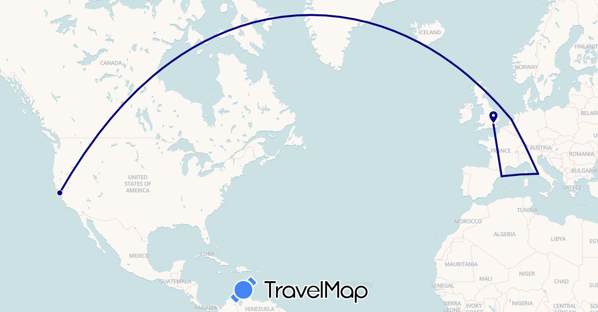 TravelMap itinerary: driving in Spain, United Kingdom, Italy, Netherlands, United States (Europe, North America)